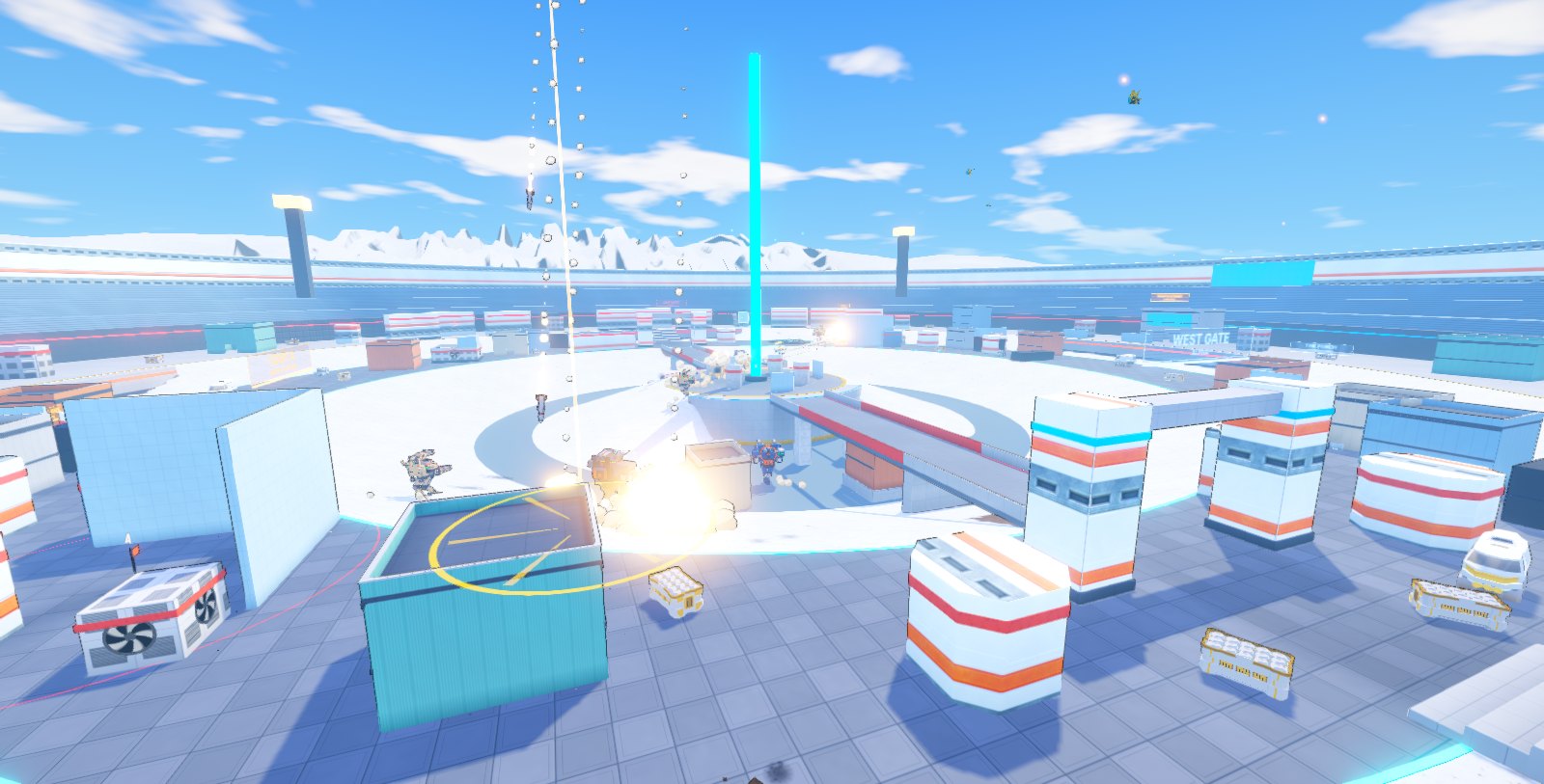 Cirrus Bowl, a floodlit robot arena on a mountaintop, in Sliplap