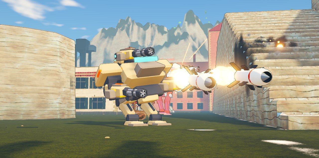 A Basalt robot in Sliplap fires a missile salvo from its shoulder pod across the Saltcliff map